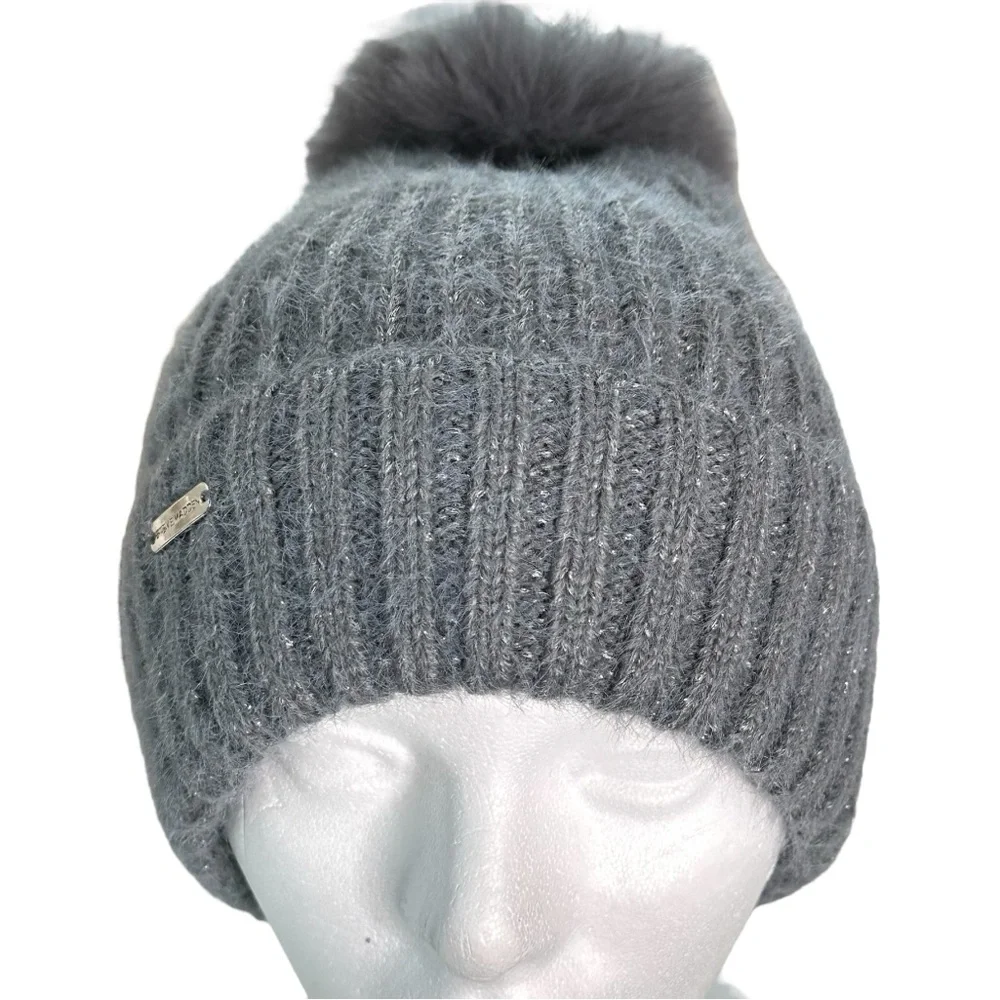 Steve Madden Women's Eldridge Sparkle Rib Knit Faux Fur Pom Beanie New!